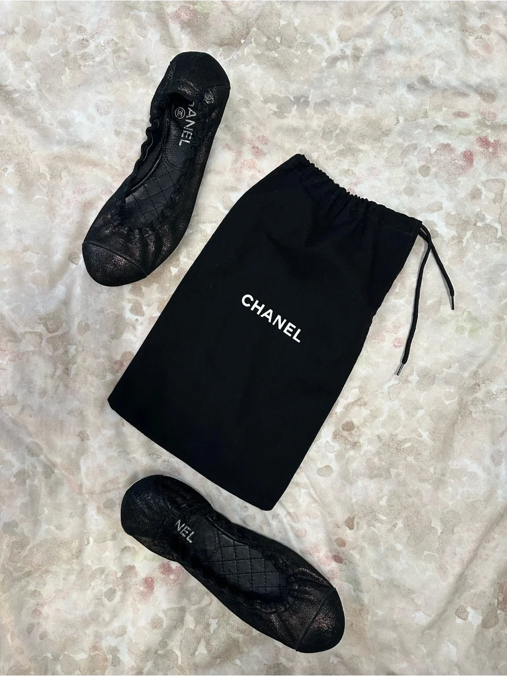 CHANEL Black Quilted Leather Slip-On Ballet Flats with Branded Dust Bag
